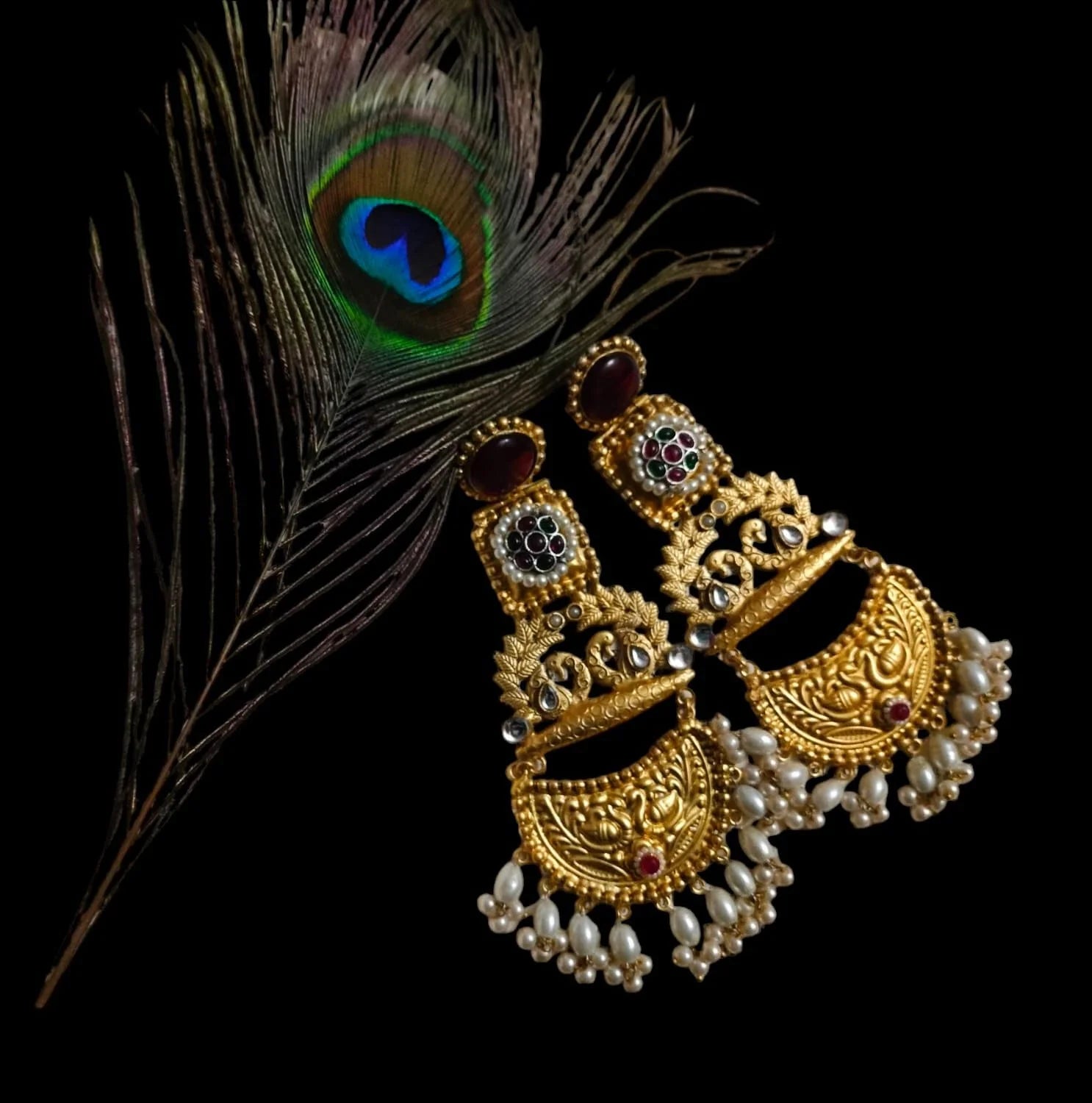 Suvesha Brass Earrings With Handmade Thapa Work With Monalisa Stone