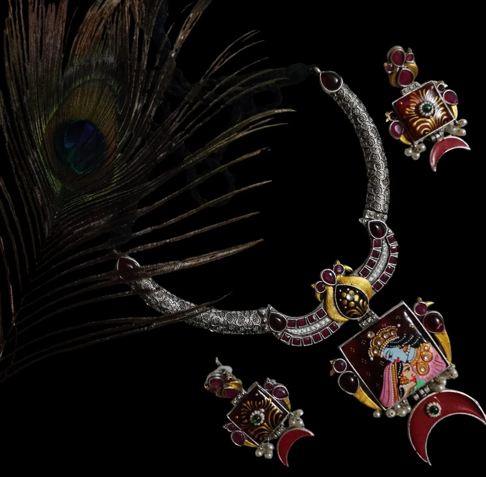 Suvesha Hand-Painted Silver Replica Monalisa Stone Necklace Set - Multicolor