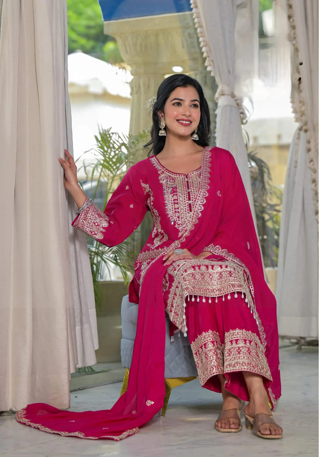 Suvesha Plazo Set With Hand Work Heavy Embroidery With Mirror & Kodi Latkan - Red