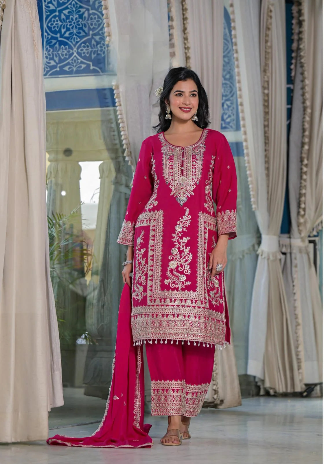 Suvesha Plazo Set With Hand Work Heavy Embroidery With Mirror & Kodi Latkan - Red