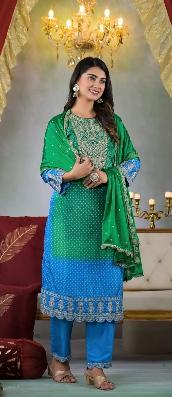 Suvesha Bandhani Digital Print Heavy Embroidery Suit Set - Dual Shade