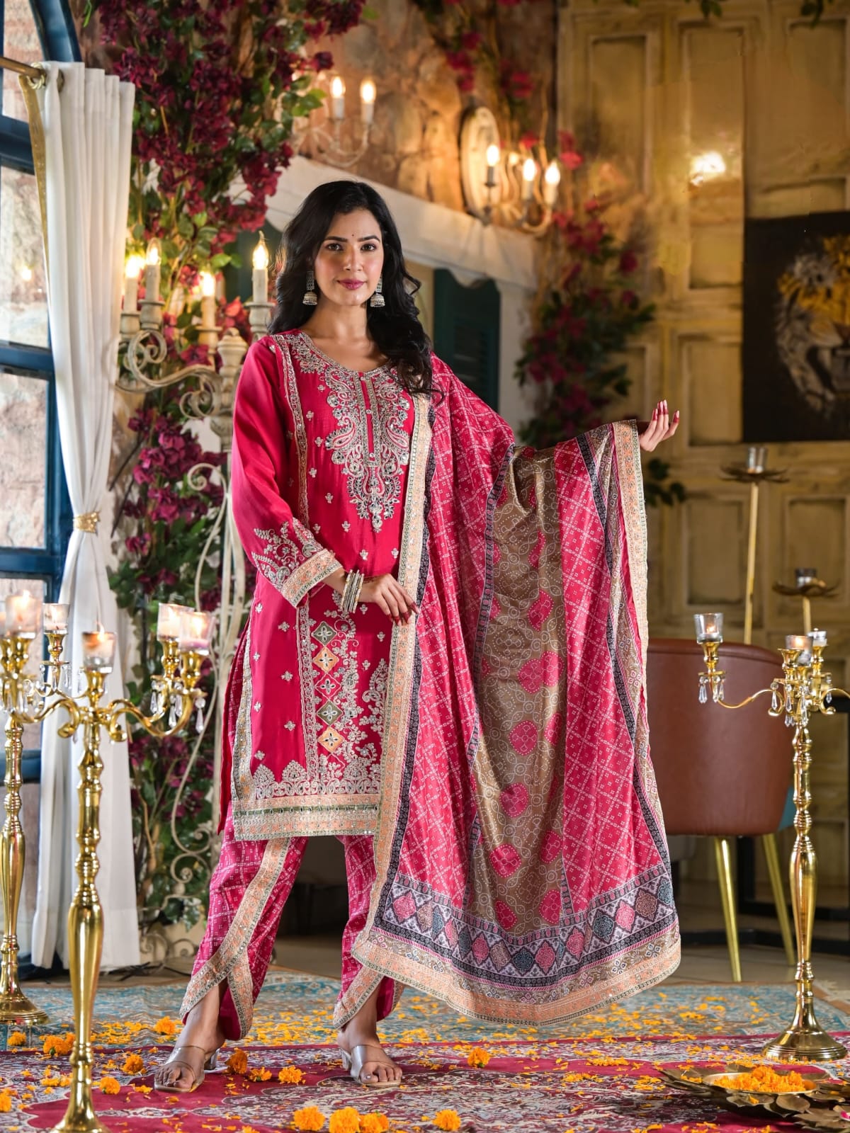 Suvesha Dhoti Suit Set With Hand Work Heavy Embroidery With Mirror - Red