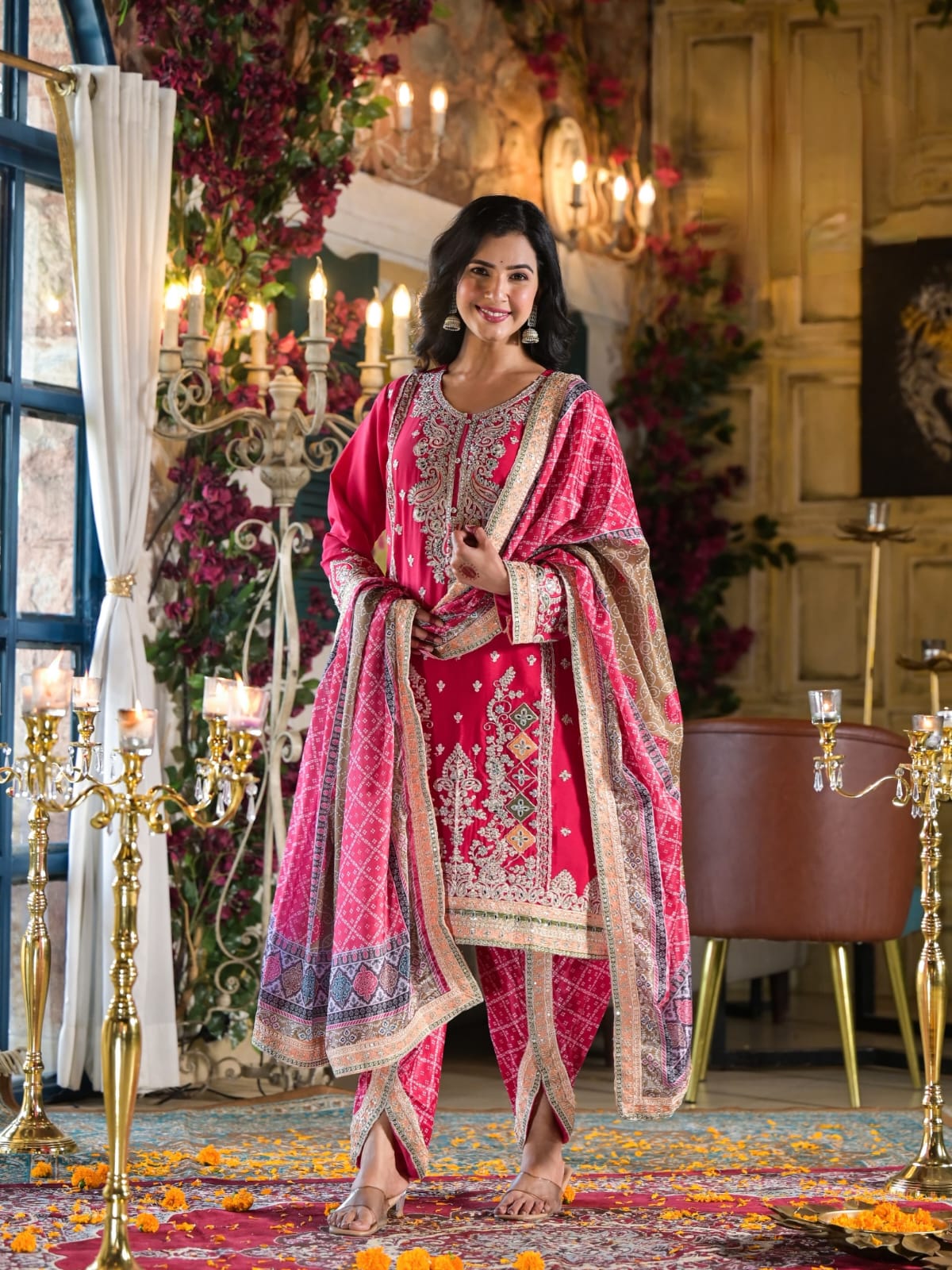 Suvesha Dhoti Suit Set With Hand Work Heavy Embroidery With Mirror - Red