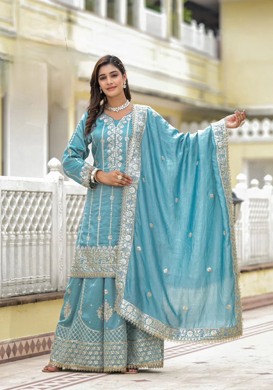 Suvesha Sharara Set With Heavy Embroidery - Blue