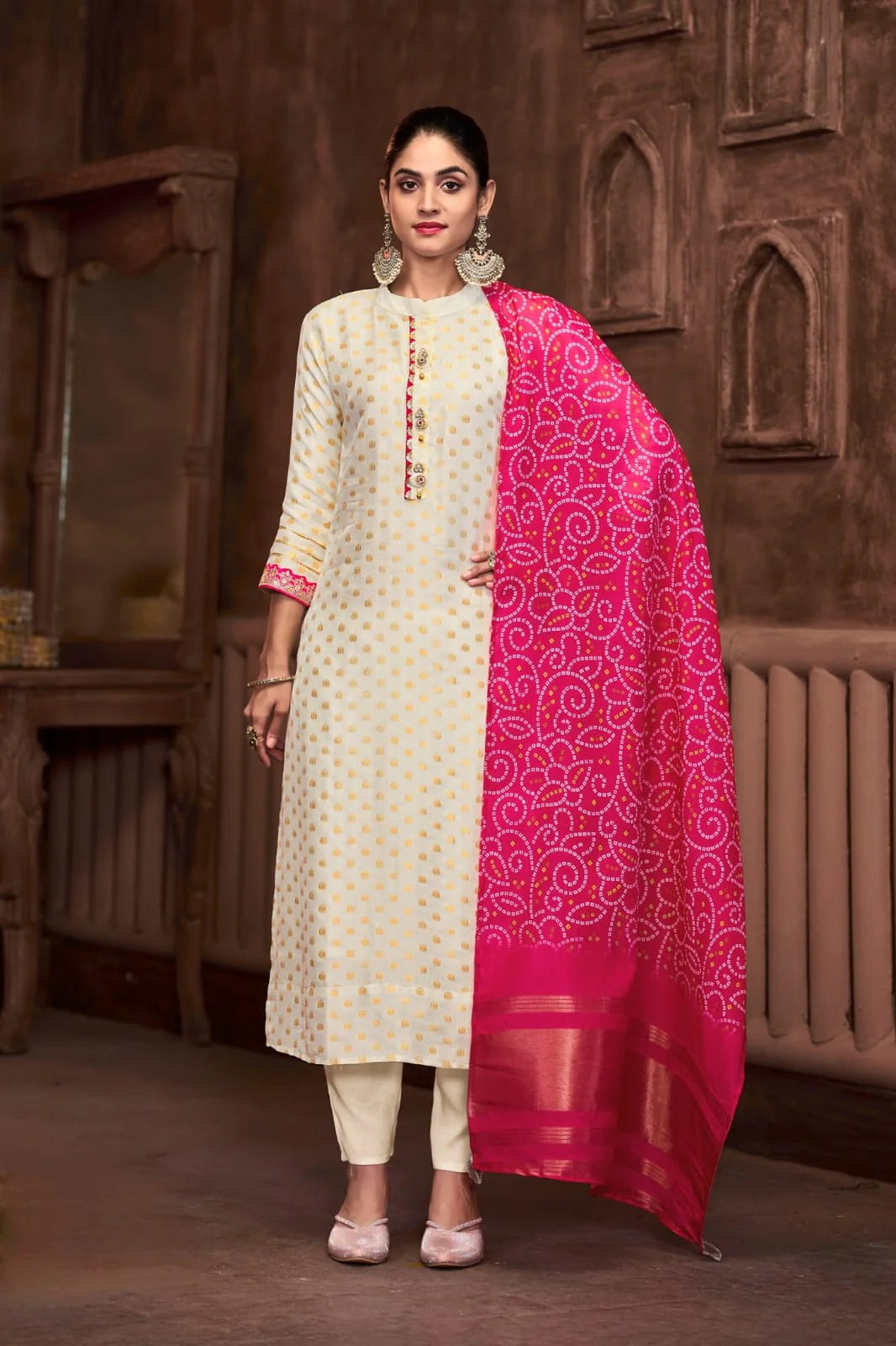 Suvesha Straight Suit Set With Pants & Bandhej Dupatta