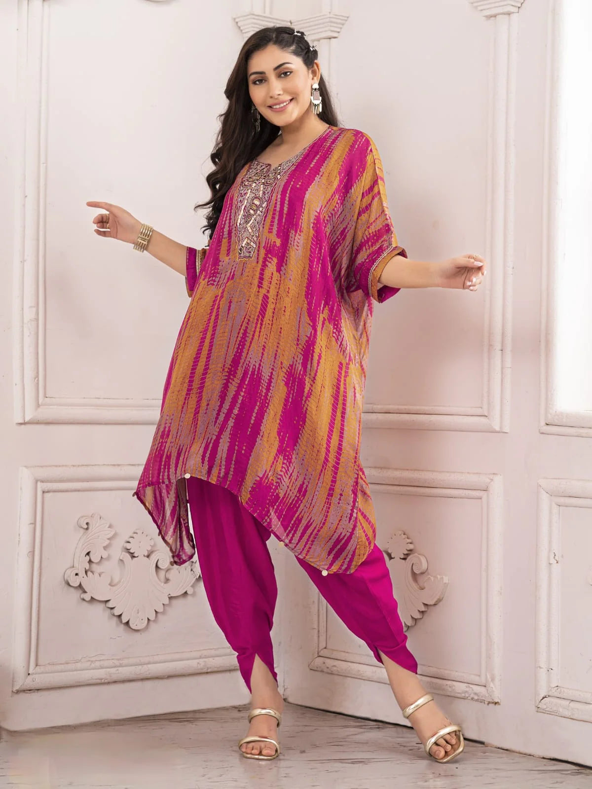 Suvesha Kaftan Set With Tulip Pants - Hot Pink