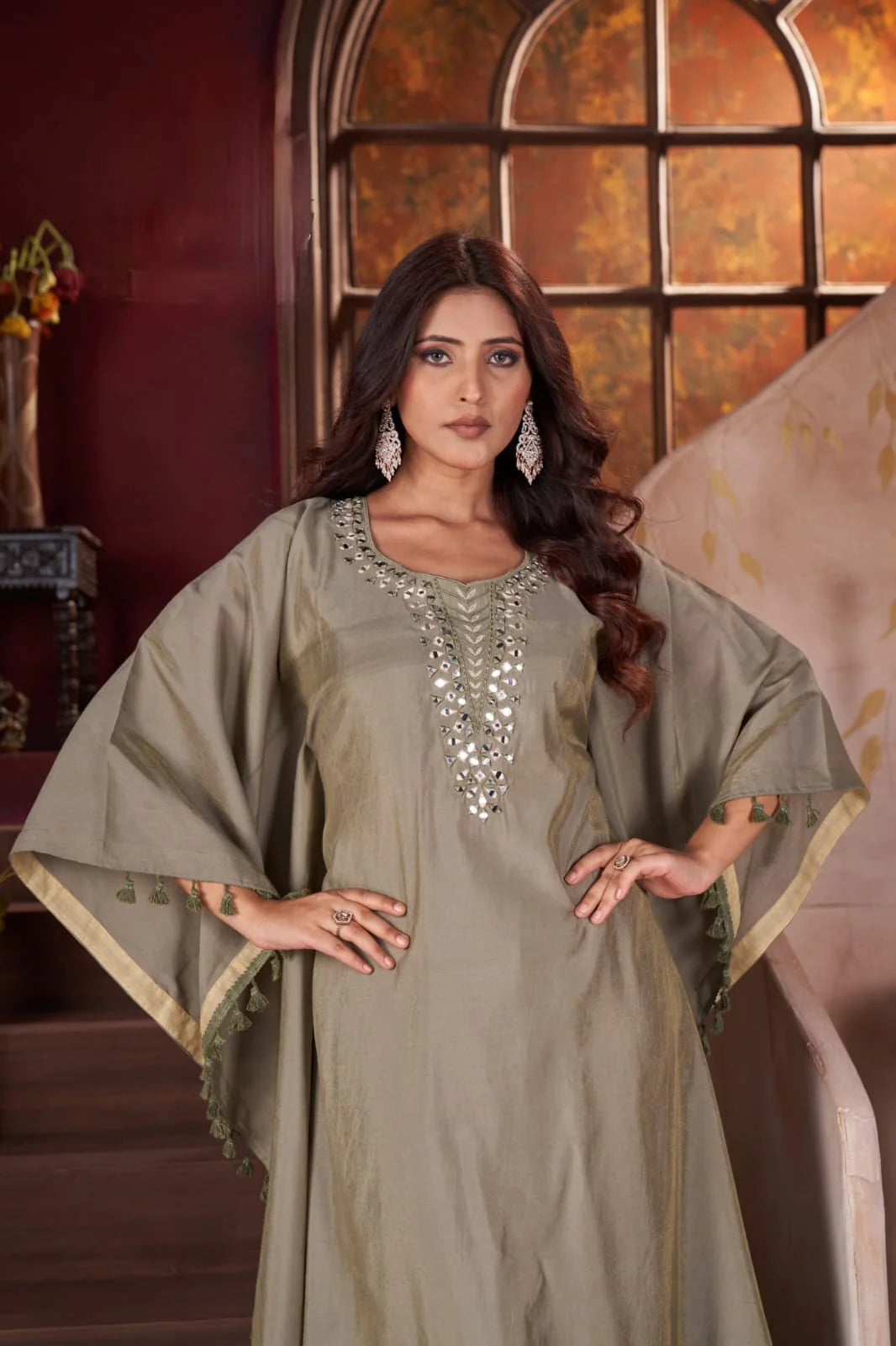 Suvesha Kaftan Set Pure Modal Silk With Real Mirror Handwork