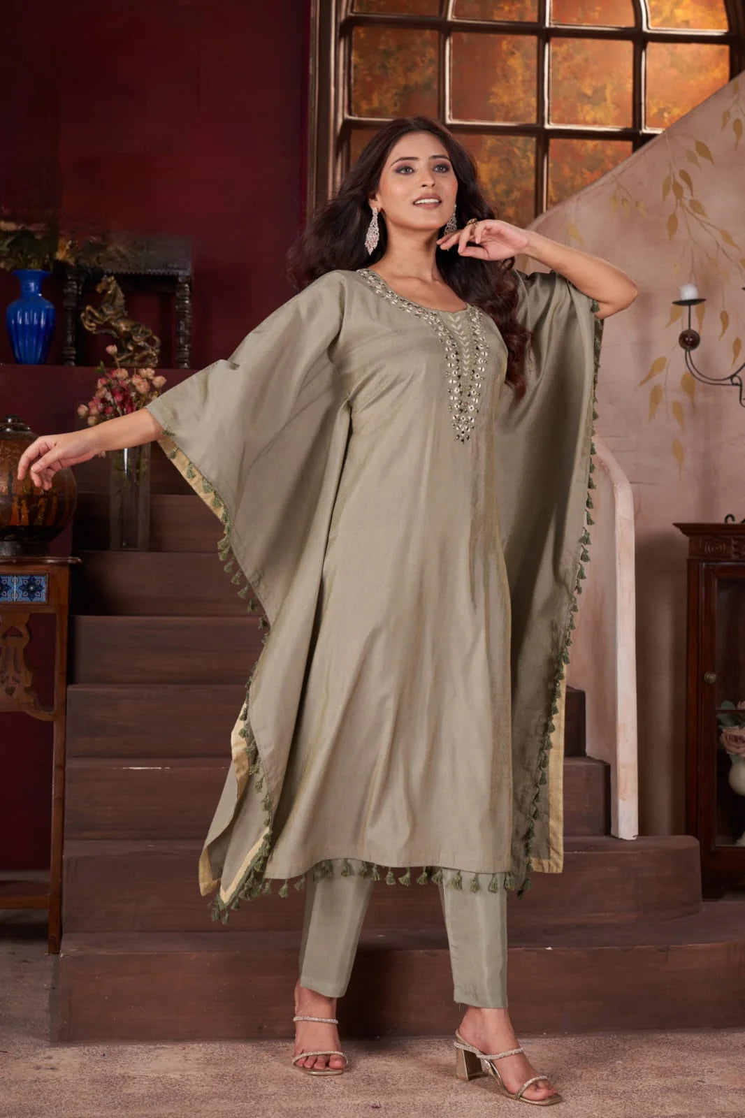 Suvesha Kaftan Set Pure Modal Silk With Real Mirror Handwork