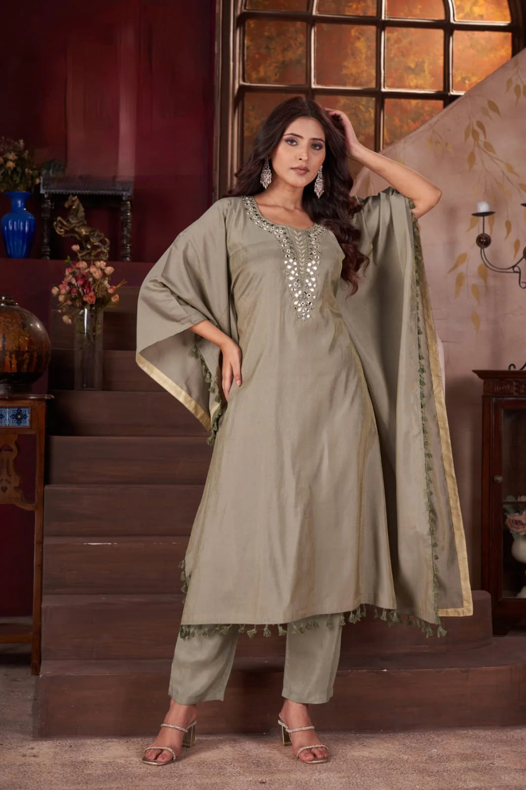 Suvesha Kaftan Set Pure Modal Silk With Real Mirror Handwork
