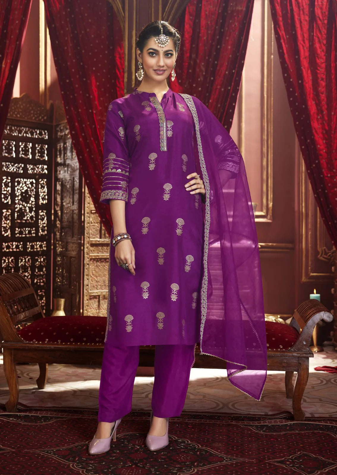 Suvesha Dola Silk Suit Set With Jacquard Beautifully Heavy Lace Work - Voilet