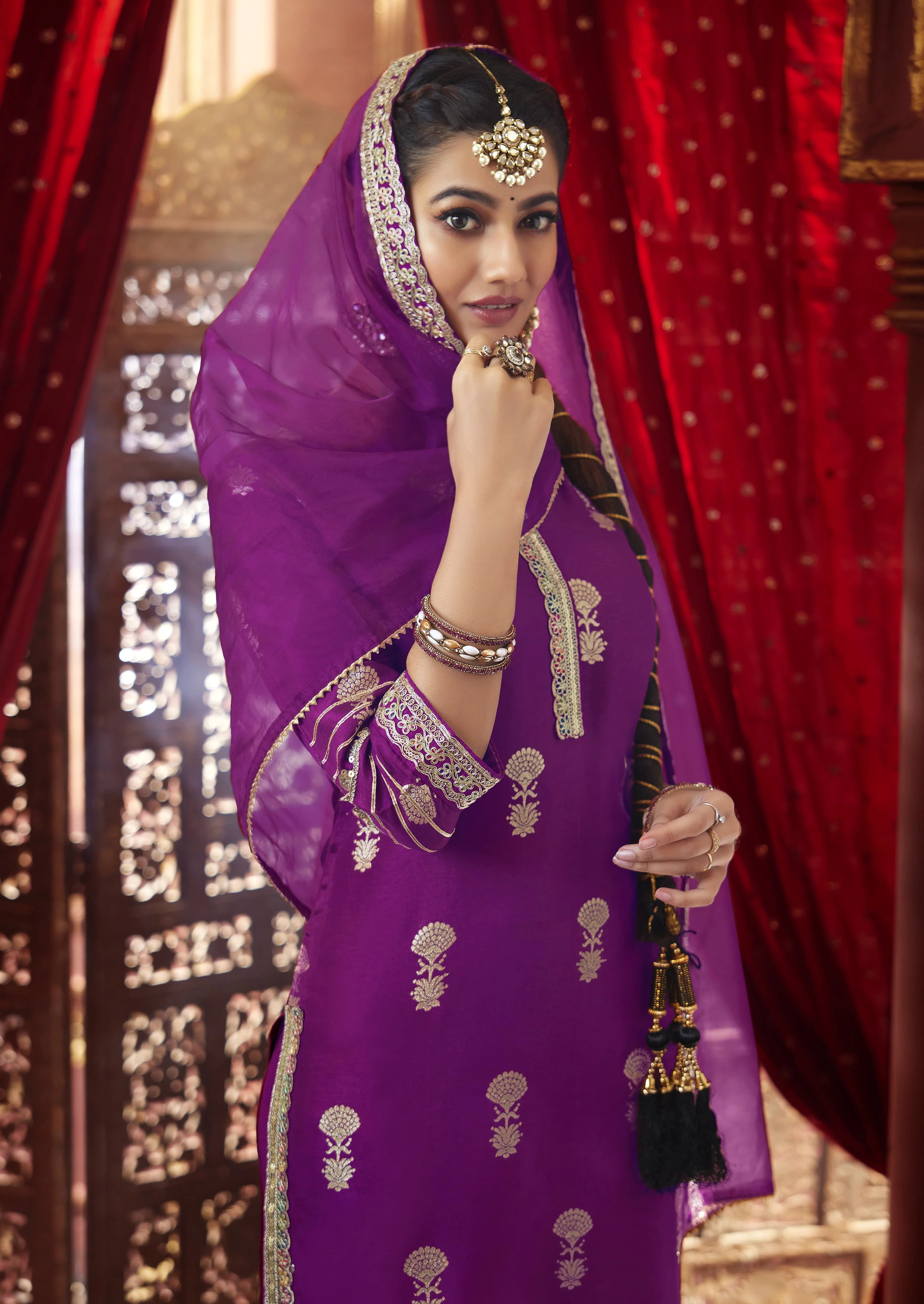 Suvesha Dola Silk Suit Set With Jacquard Beautifully Heavy Lace Work - Voilet