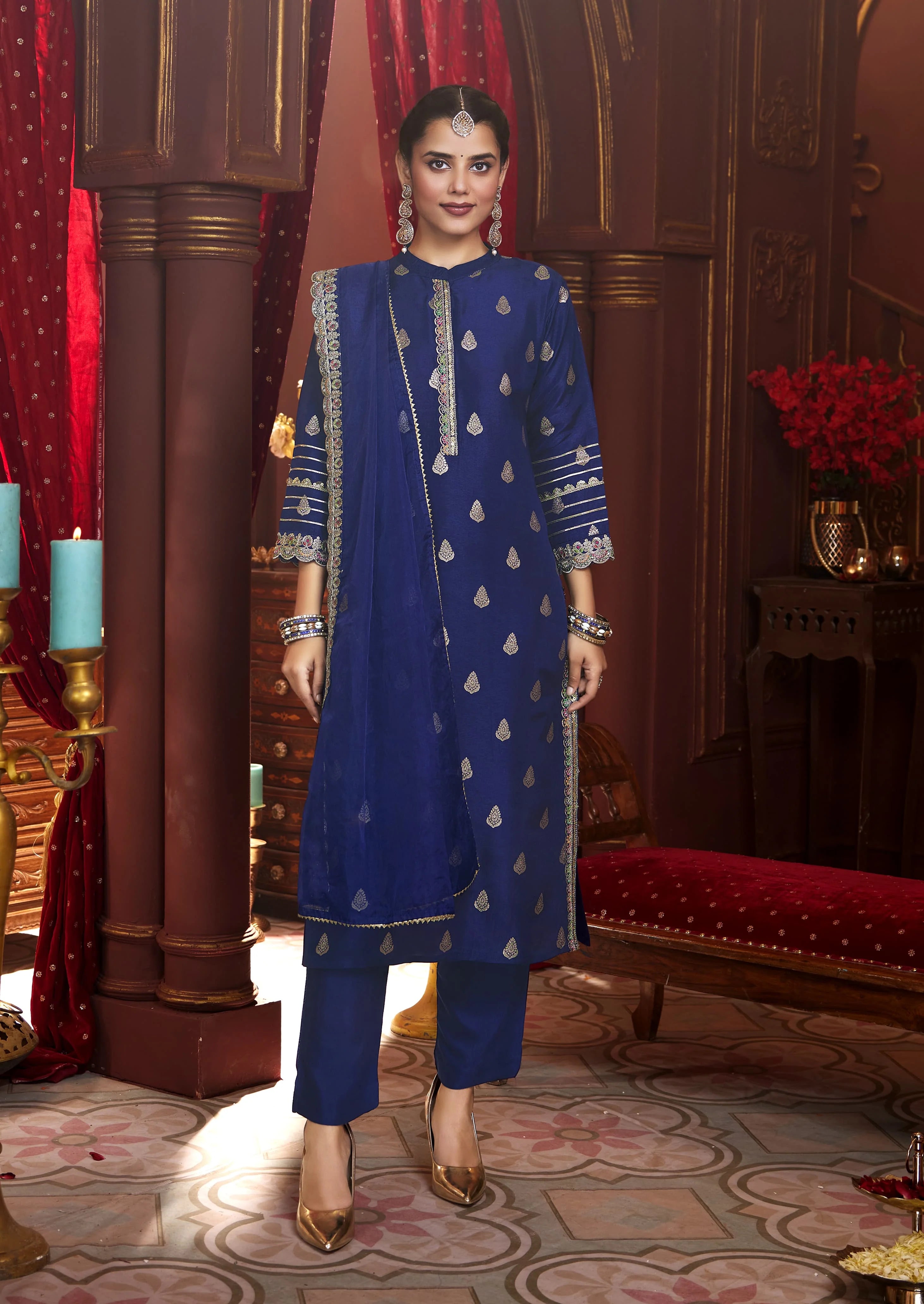 Suvesha Dola Silk Suit Set With Jacquard Beautifully Heavy Lace Work - Blue