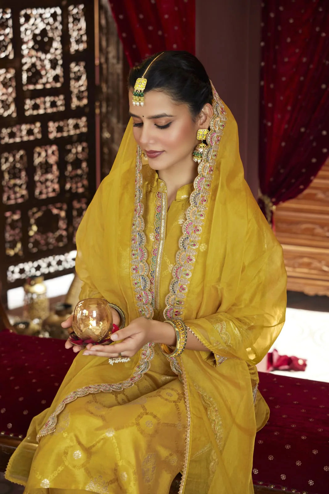 Suvesha Dola Silk Suit Set With Jacquard Beautifully Heavy Lace Work - Mustard Yellow