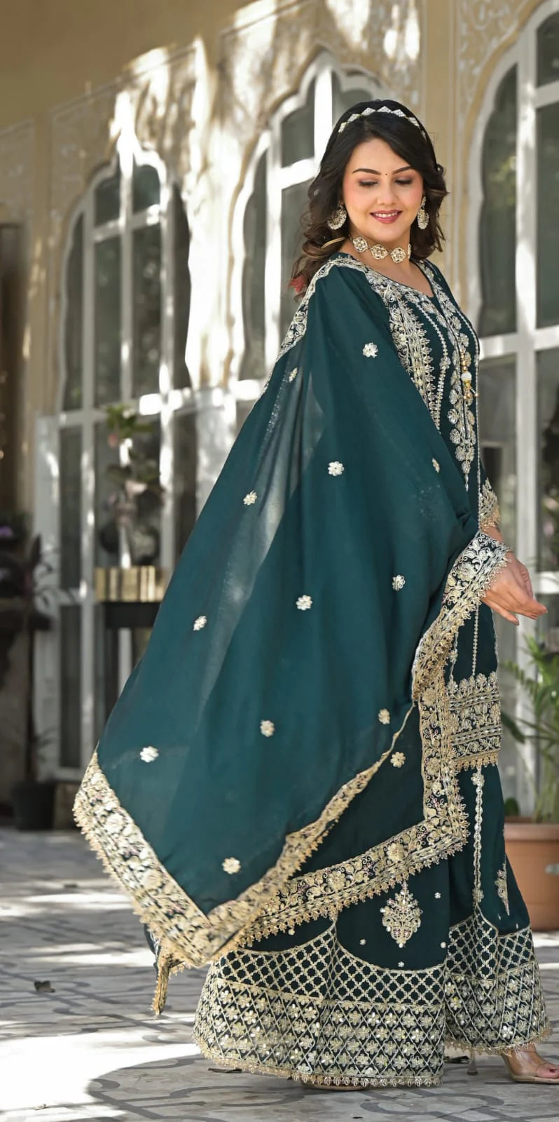 Suvesha Sharara Set With Heavy Embroidery - Bottle Green
