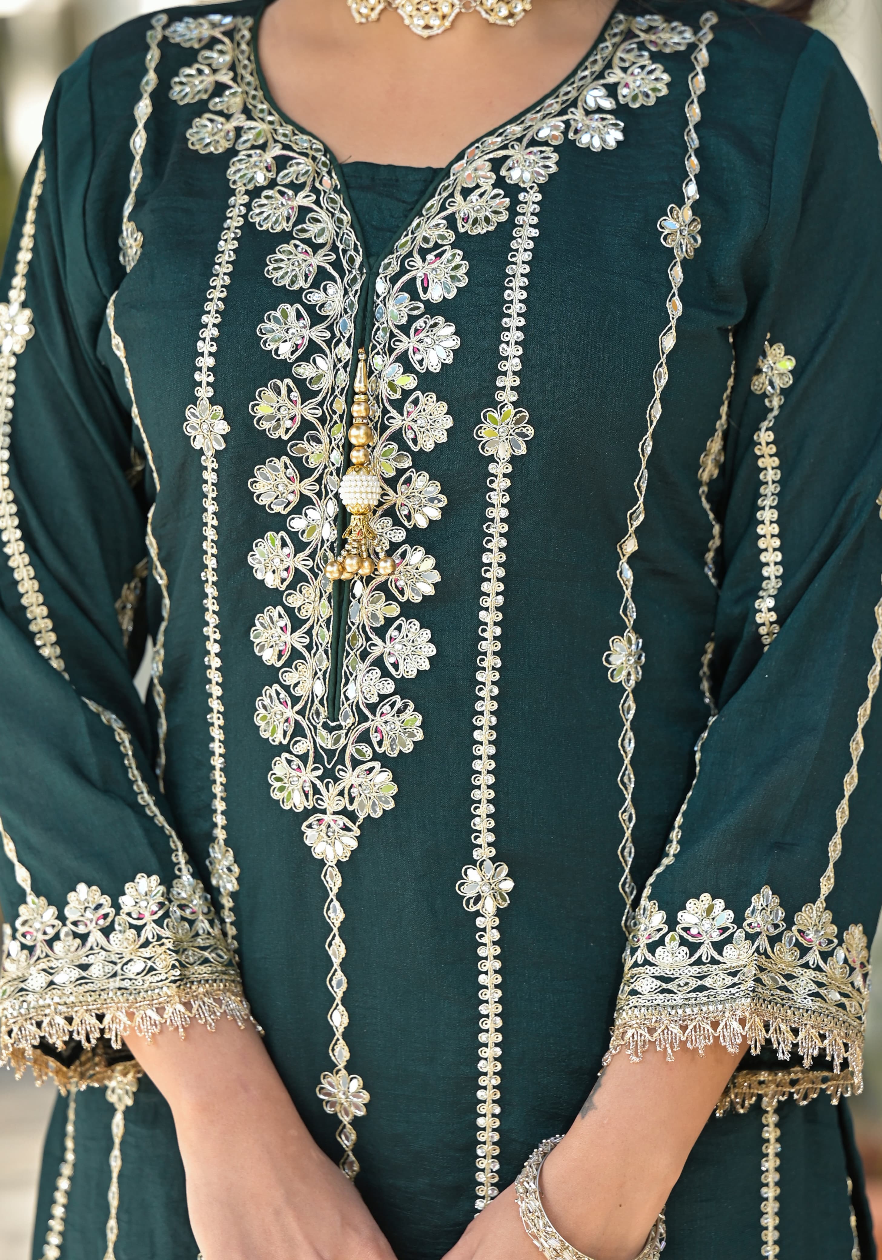 Suvesha Sharara Set With Heavy Embroidery - Bottle Green