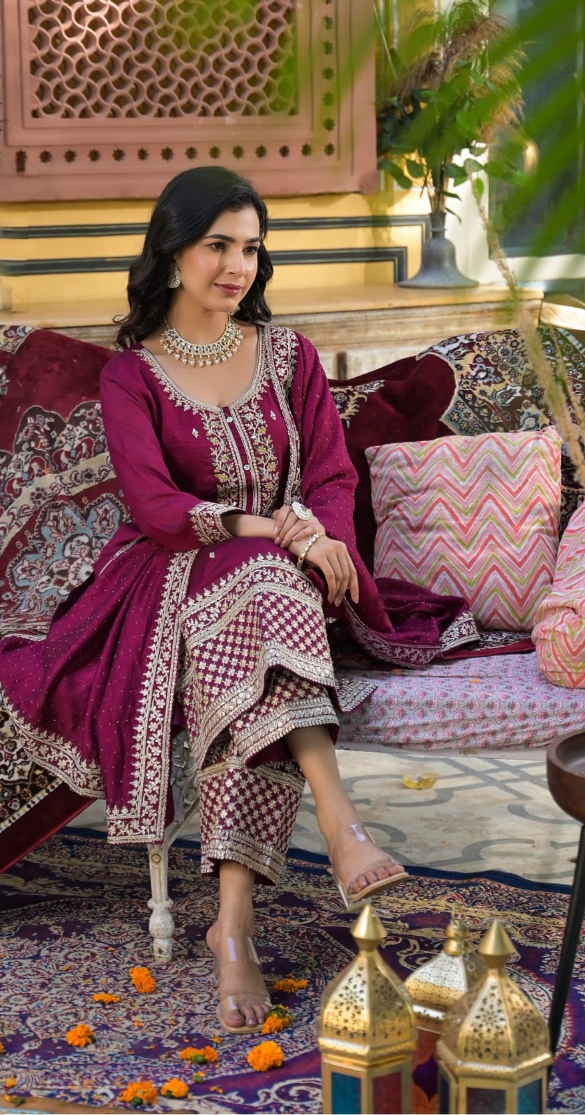 Suvesha Plazzo Suit Set With Embroidered Work Hand Work & Pasted Mirror Work