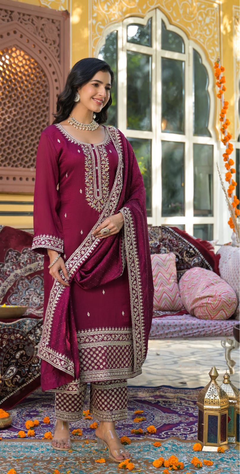 Suvesha Plazzo Suit Set With Embroidered Work Hand Work & Pasted Mirror Work