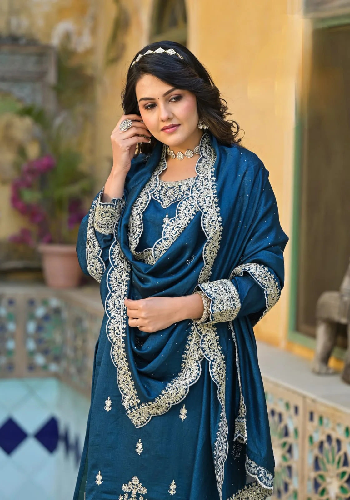Suvesha Vichitra Silk Suit Set With Cording & Stone Work Handwork Embroidery - Turquoise Blue
