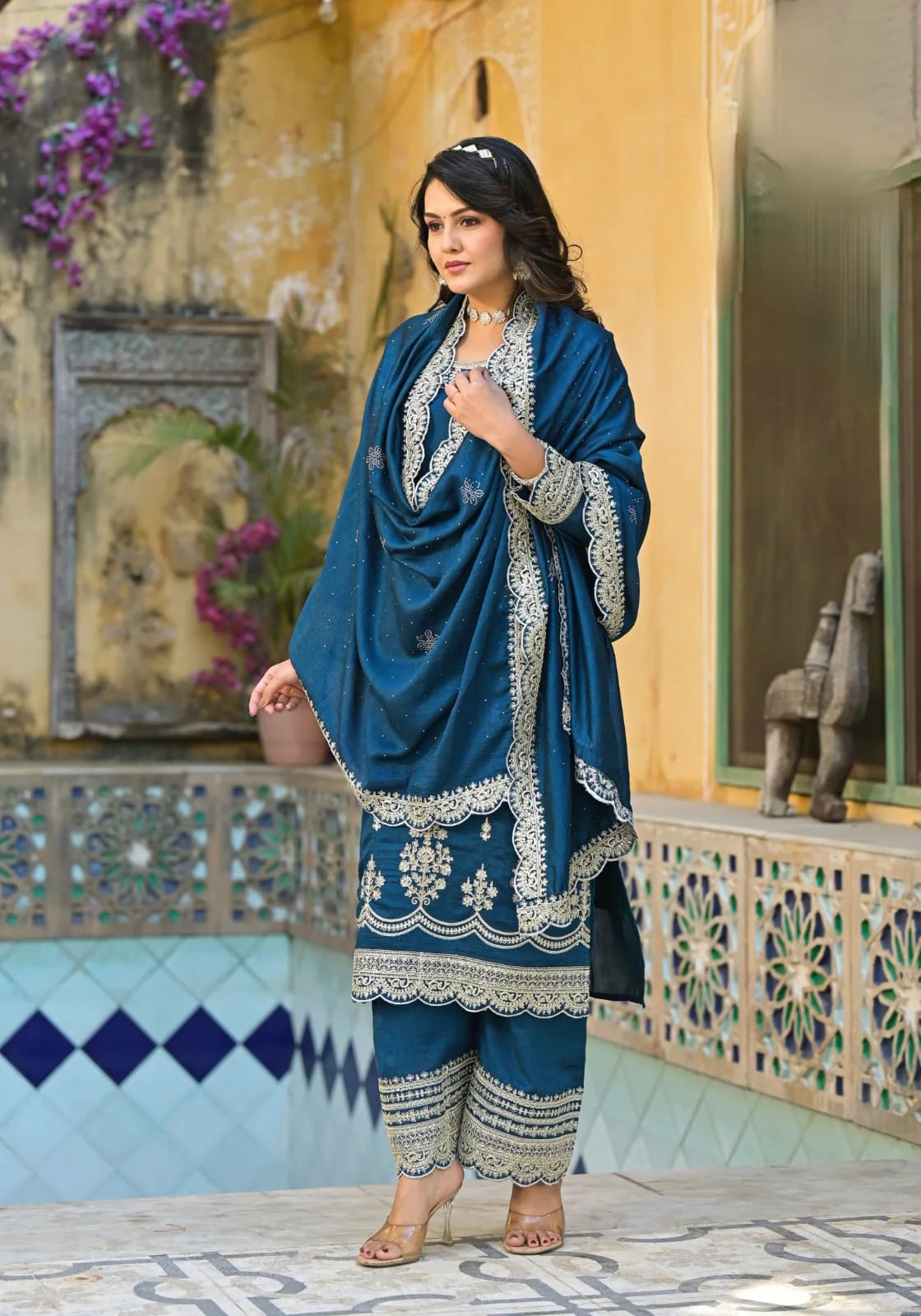 Suvesha Vichitra Silk Suit Set With Cording & Stone Work Handwork Embroidery - Turquoise Blue