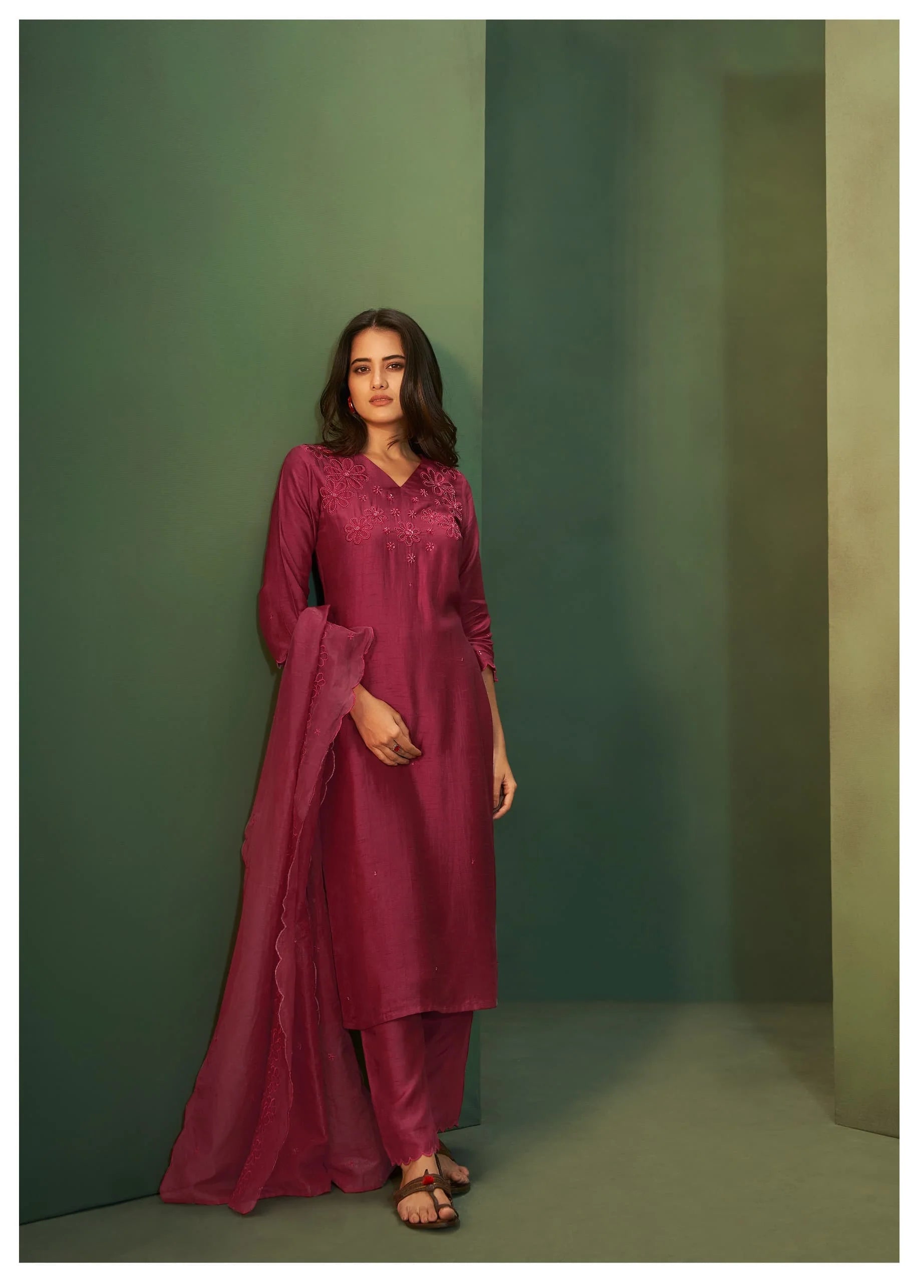 Suvesha Pure Dola Silk Suit Set Handwork Embroidery - Mehroon