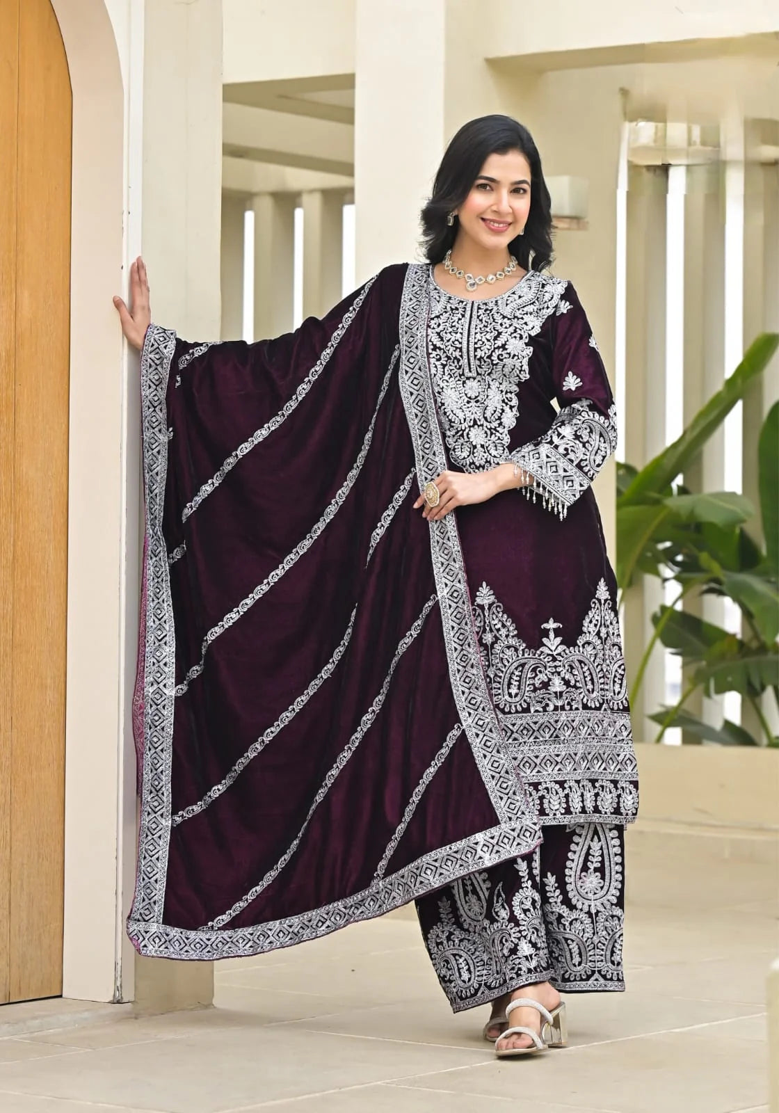 Suvehsa Velvet Plazzo Suit Set With Heavy Embroidery