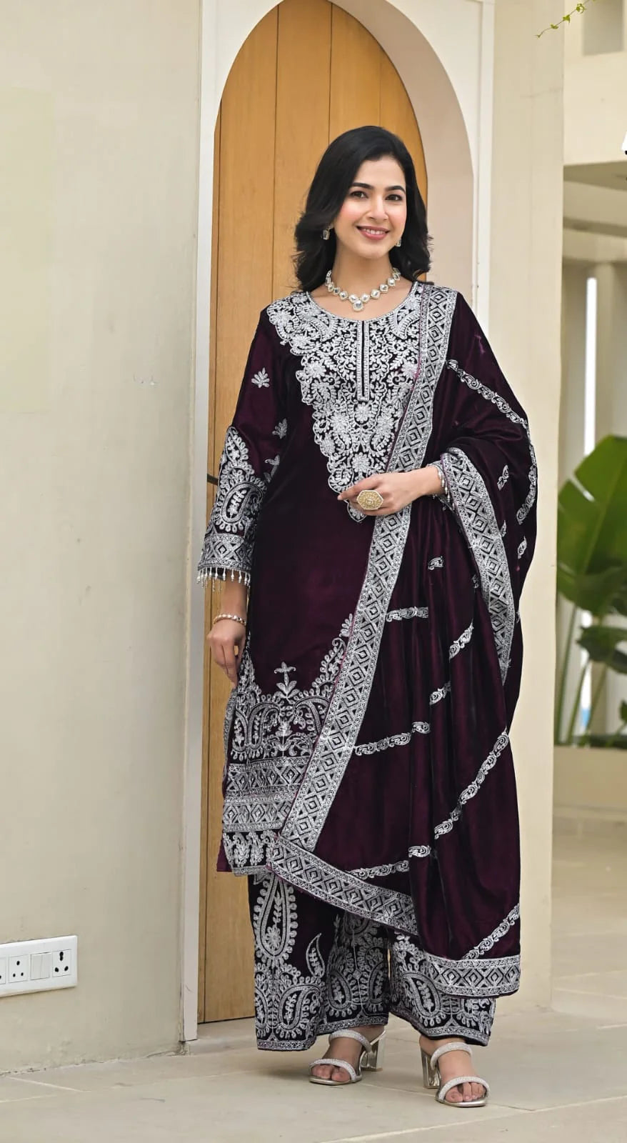 Suvehsa Velvet Plazzo Suit Set With Heavy Embroidery