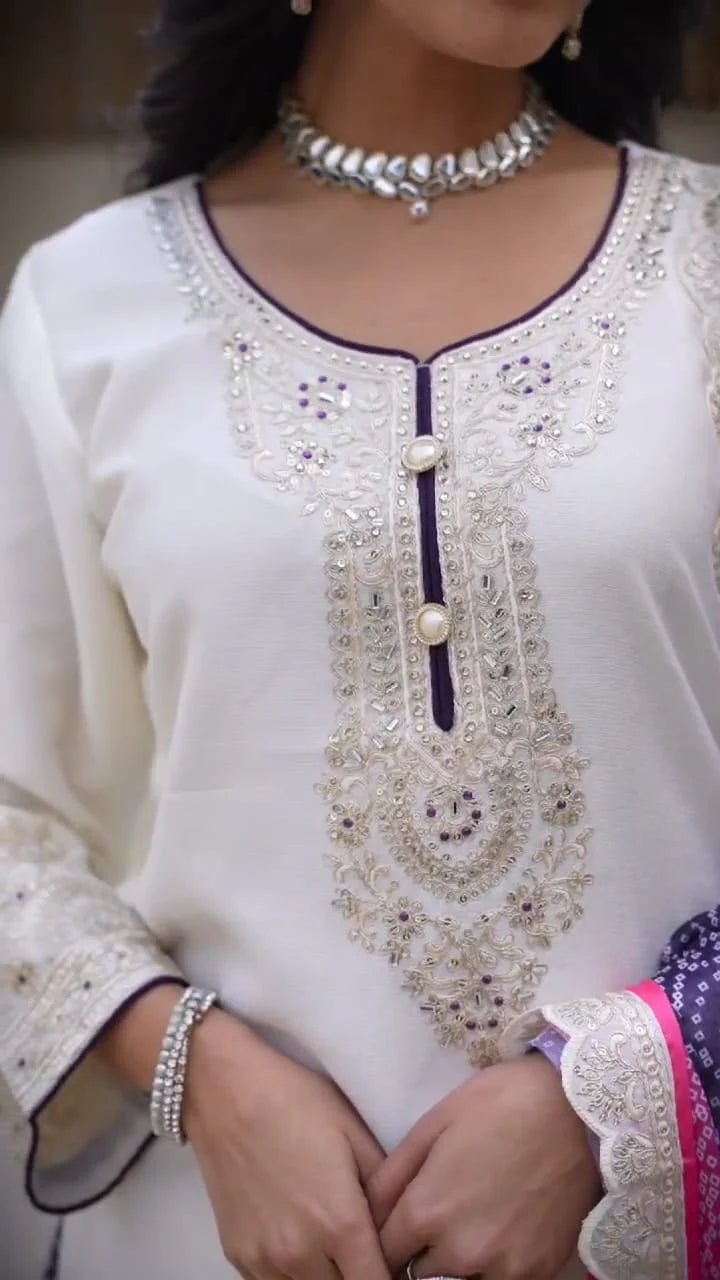 Suvesha Chinon Bandhani Sharara Suit Set With Heavy Embroidery