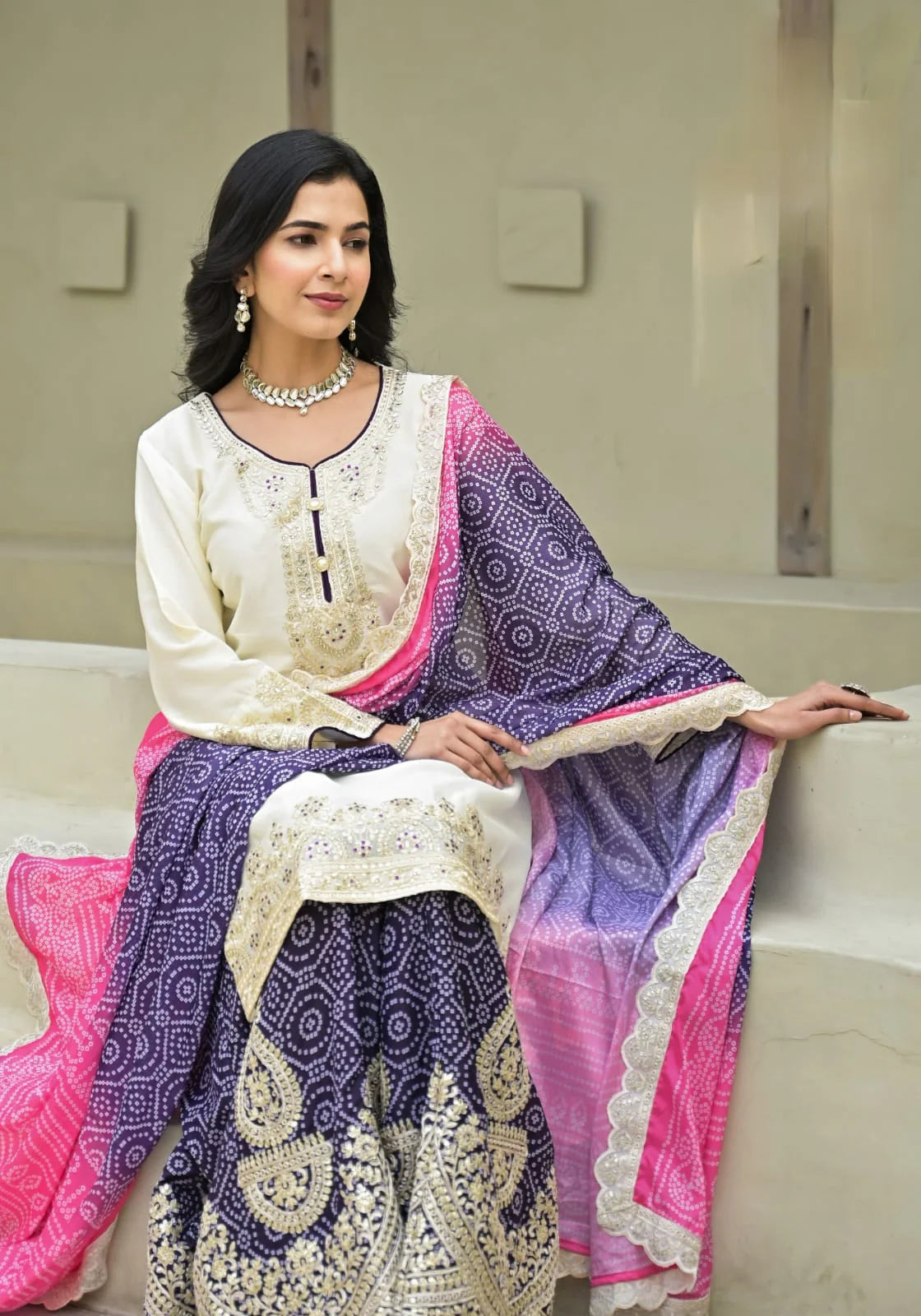 Suvesha Chinon Bandhani Sharara Suit Set With Heavy Embroidery