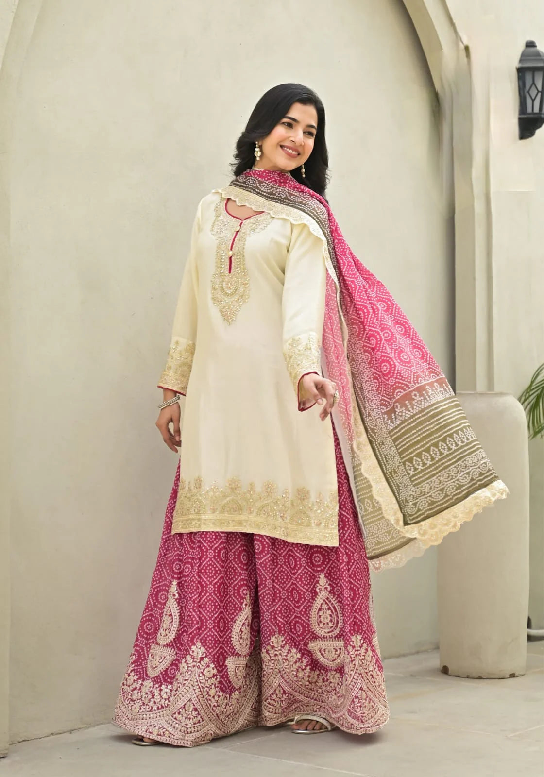 Suvesha Chinon Bandhani Sharara Suit Set With Heavy Embroidery