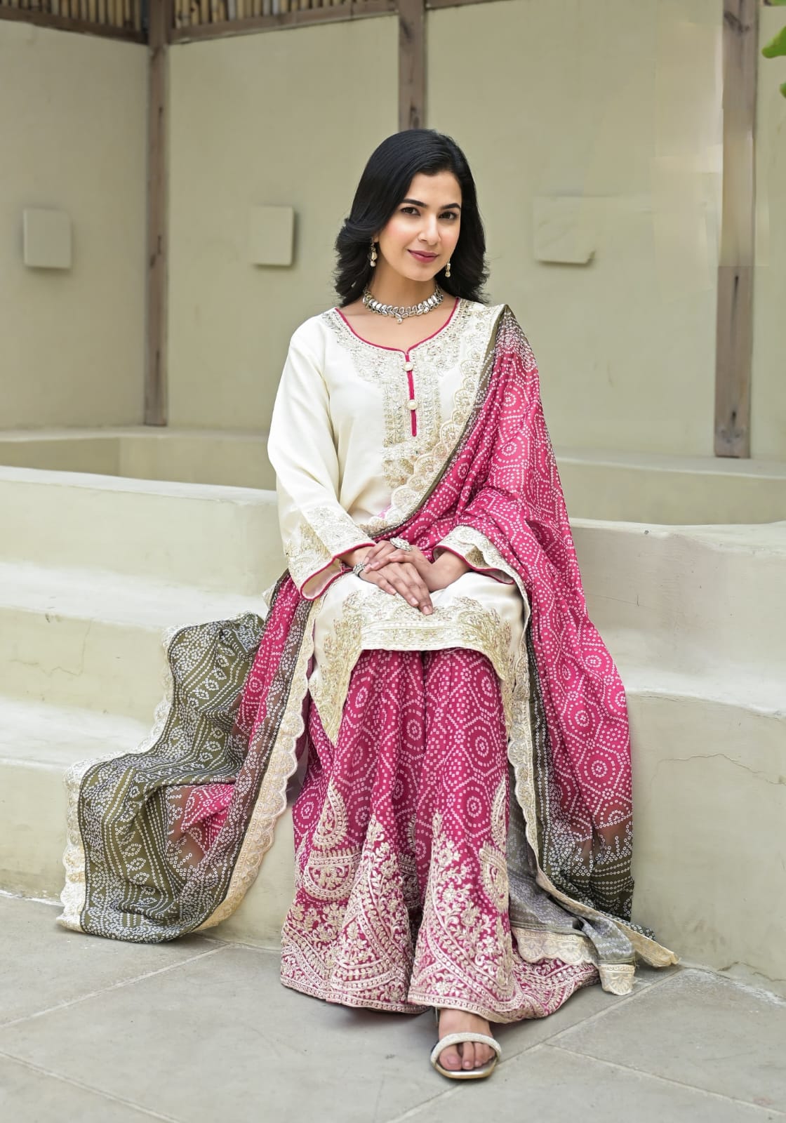 Suvesha Chinon Bandhani Sharara Suit Set With Heavy Embroidery