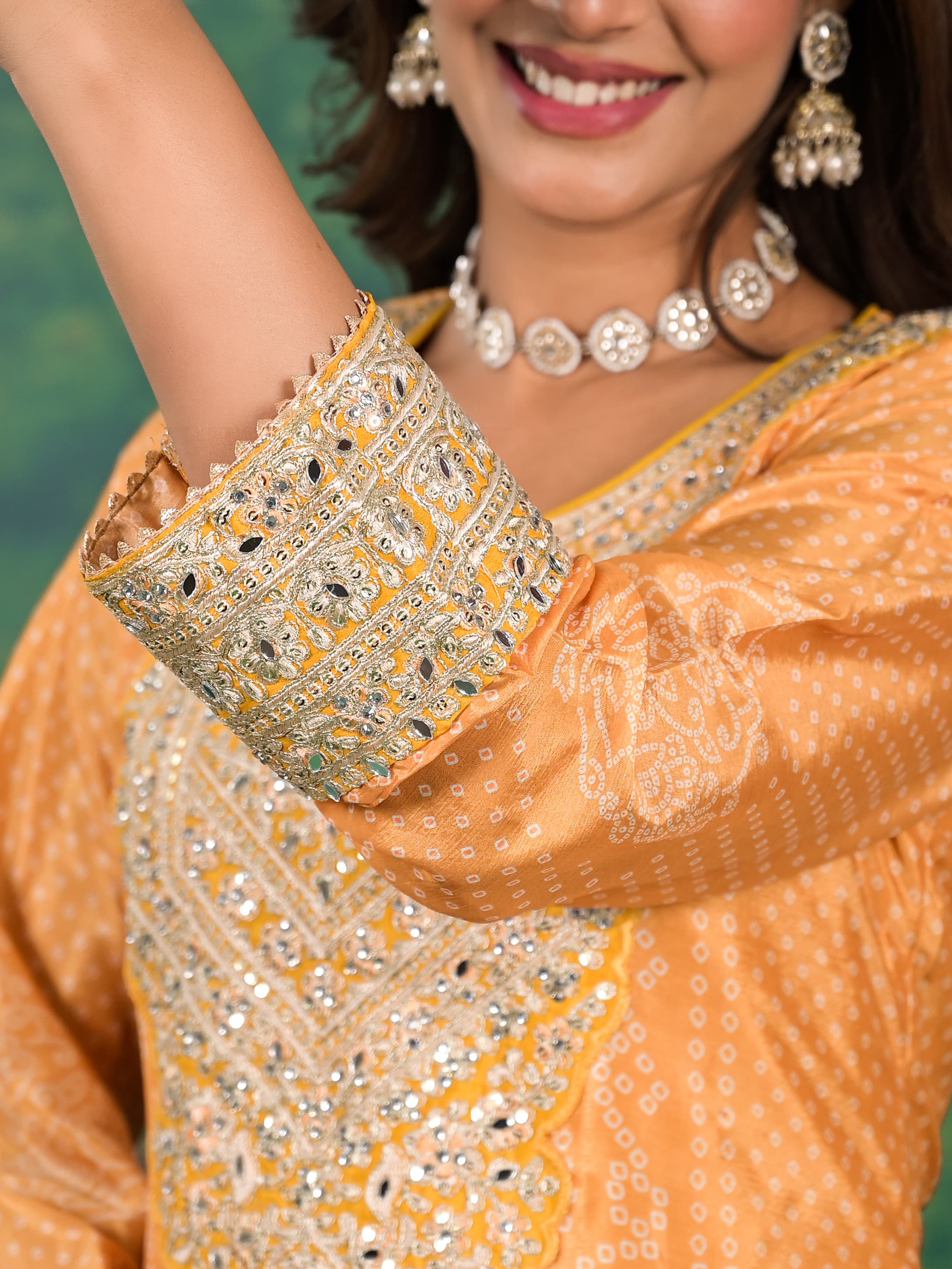 Suvesha Chinon Bandhani Digital Print Plazzo Suit Set With Heavy Embroidery