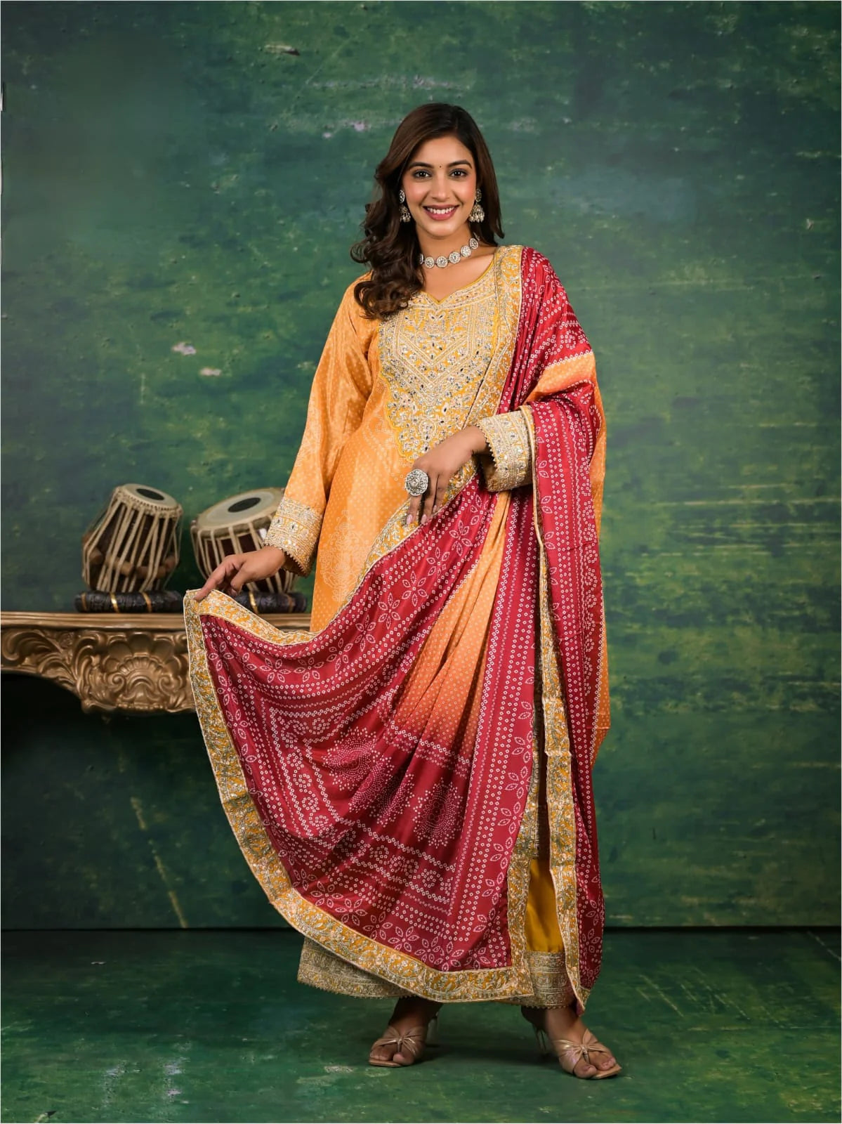 Suvesha Chinon Bandhani Digital Print Plazzo Suit Set With Heavy Embroidery