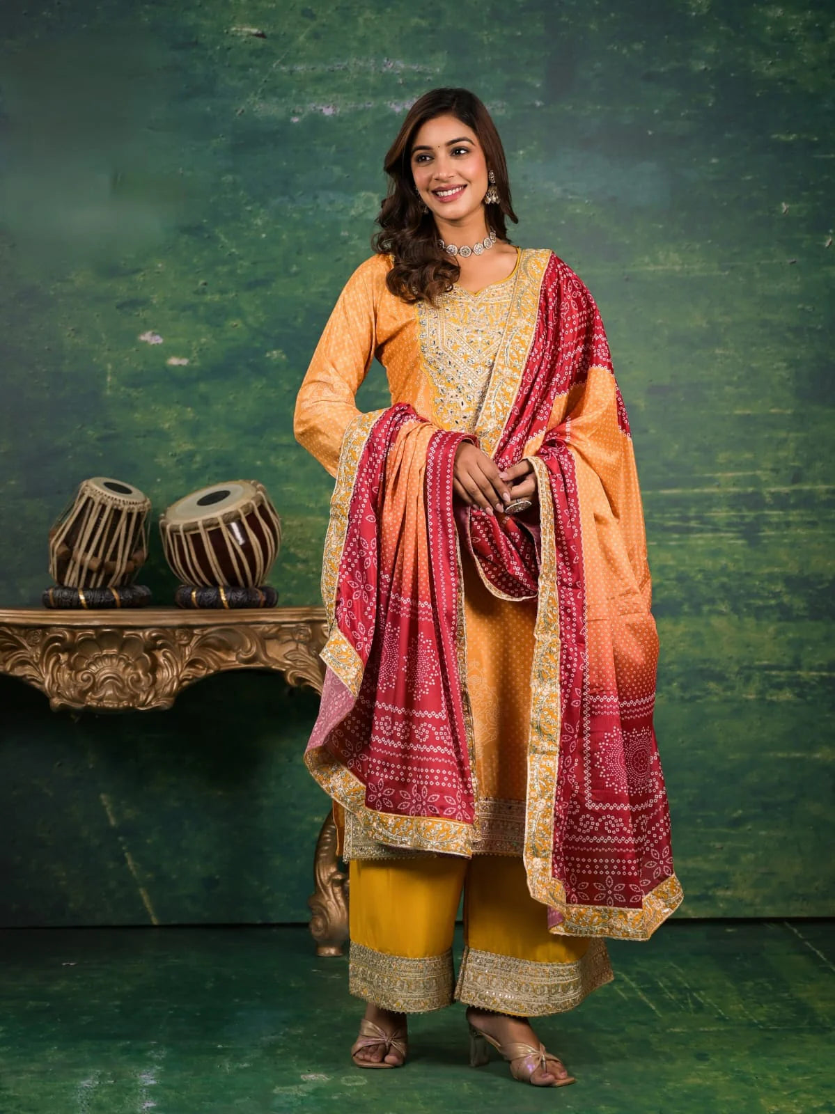 Suvesha Chinon Bandhani Digital Print Plazzo Suit Set With Heavy Embroidery