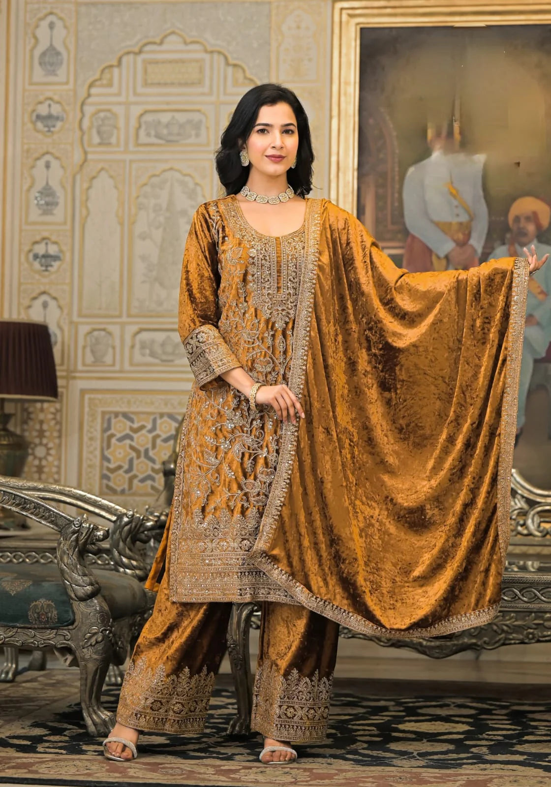 Suvesha Velvet Plazzo Suit Set With Heavy Embroidery