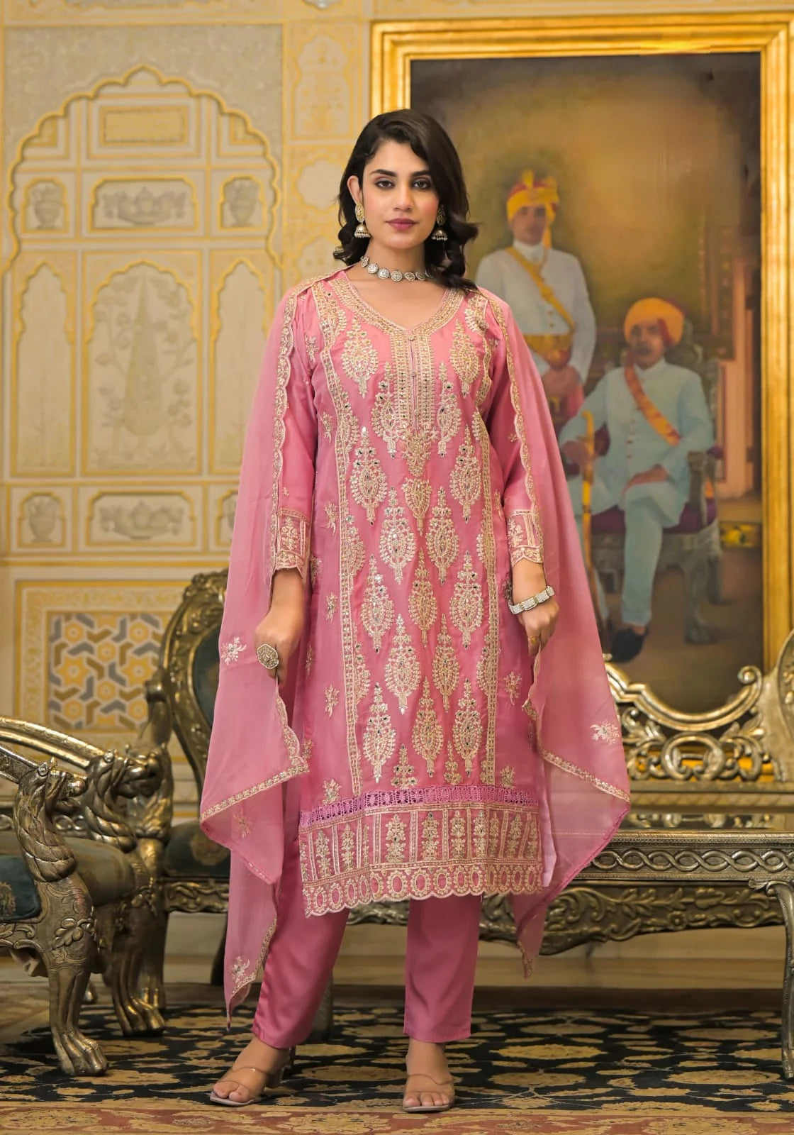 Suvesha Soft Organza Suit Suit With Heavy Embroidery And Hand Pasted Mirrors