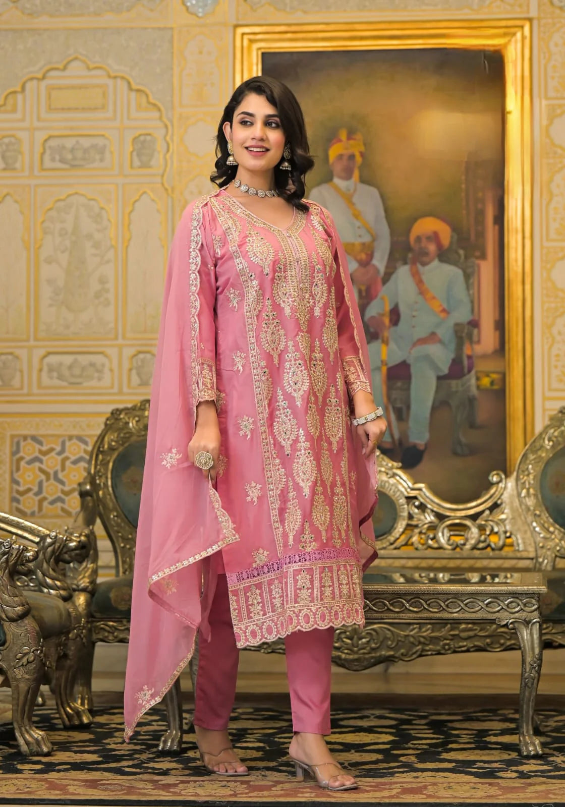 Suvesha Soft Organza Suit Suit With Heavy Embroidery And Hand Pasted Mirrors