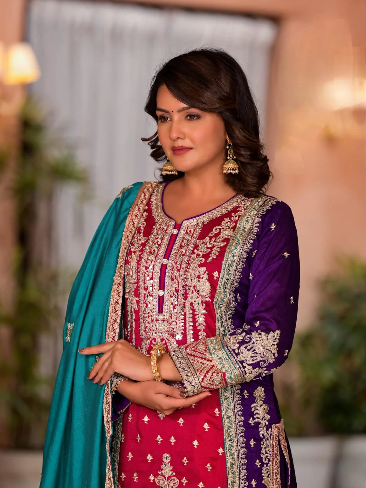 Suvesha Premium Silk Plazo Set With Heavy Embroidery With Hand Pasted Real Mirror