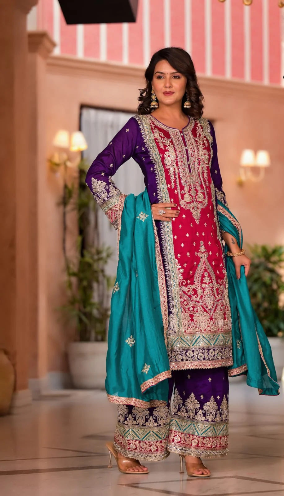 Suvesha Premium Silk Plazo Set With Heavy Embroidery With Hand Pasted Real Mirror