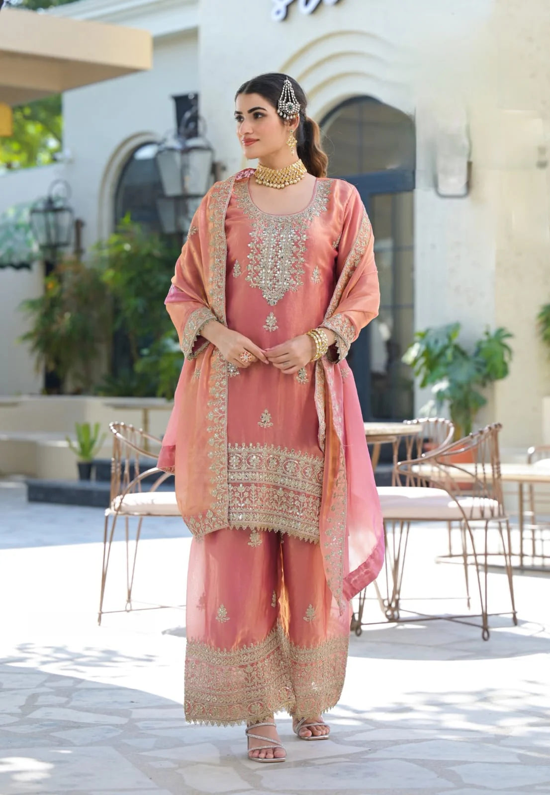 Suvesha Suvesha Plazzo Set with Hand-Pasted Real Mirror Work – Peach