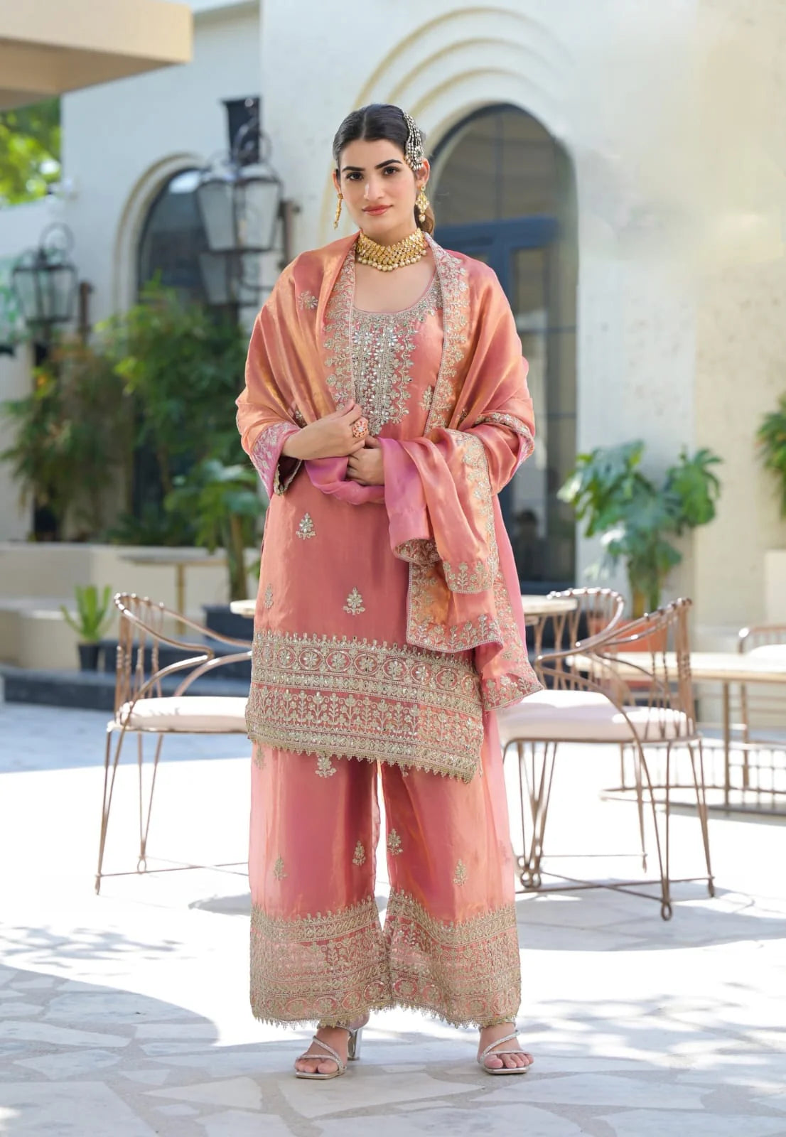 Suvesha Suvesha Plazzo Set with Hand-Pasted Real Mirror Work – Peach