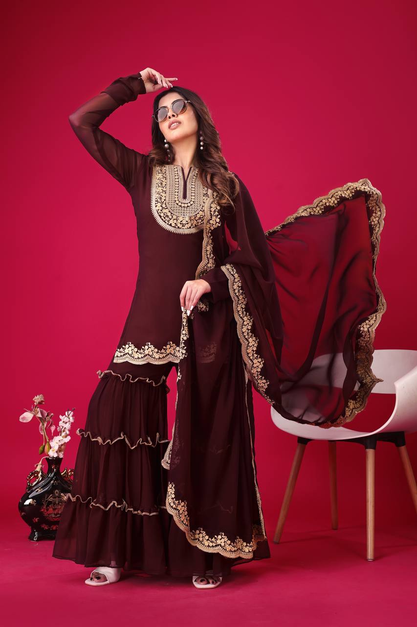 Suvesha Stunning Garara Set With Emboidery - Coffee Brown