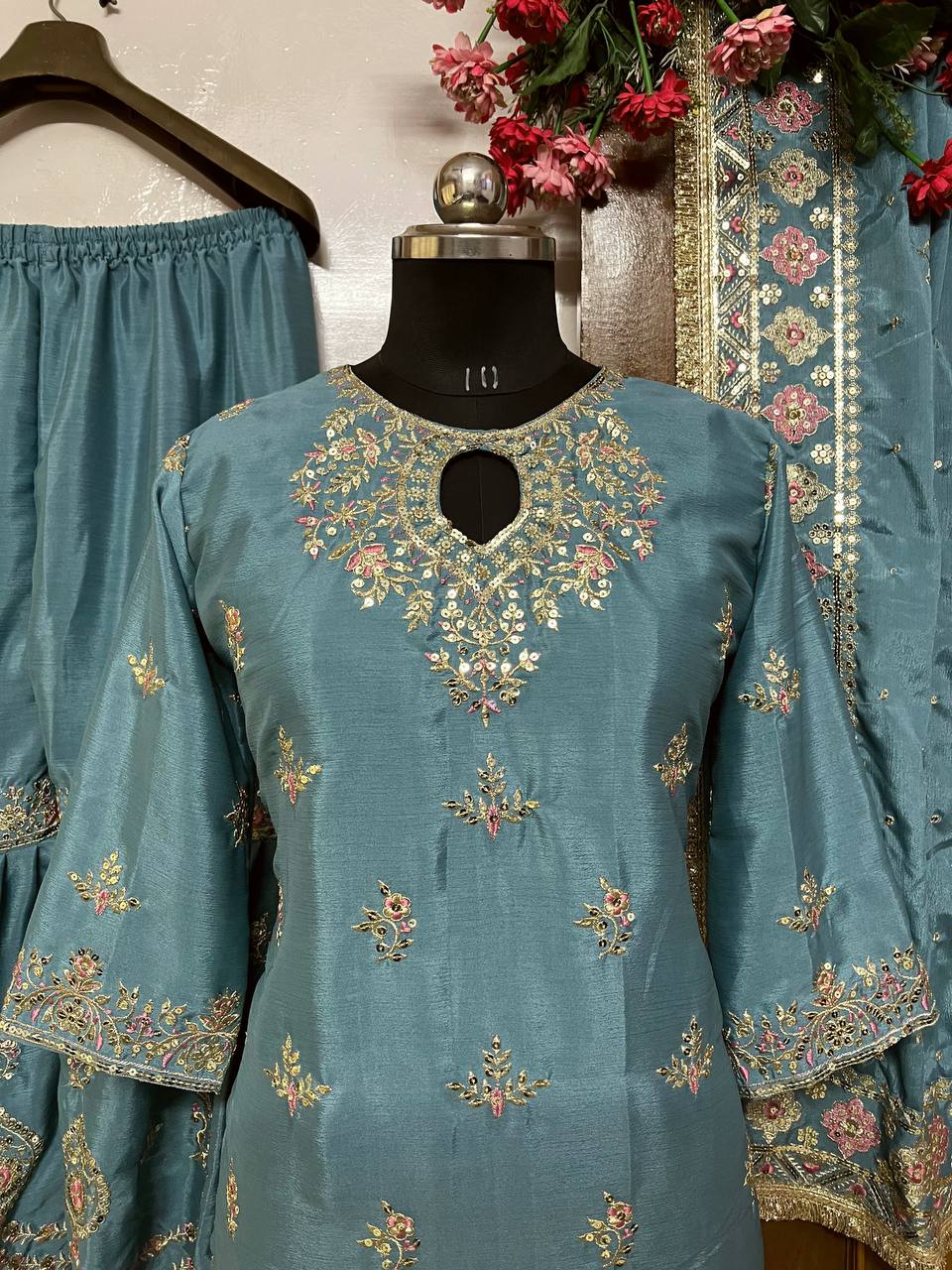 Suvehsa Garara Set In luxurious Chinon Silk With Thread Embroidery work - Greyish Blue