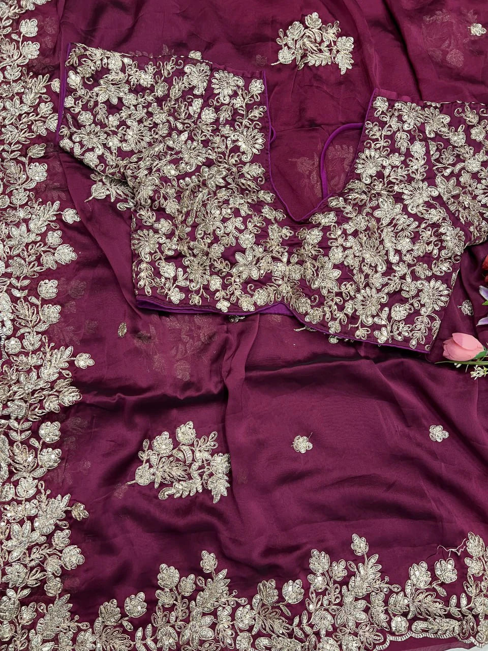 Suvesha Designer Saree with Heavy Embroidery Work & Ready To Wear Blouse - Wine