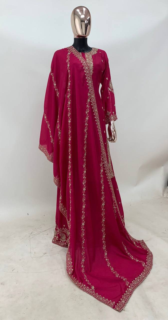 Suvesha EXQUISITE CHINON GARARA SUIT SET WITH HEAVY EMBROIDERY - HOT PINK