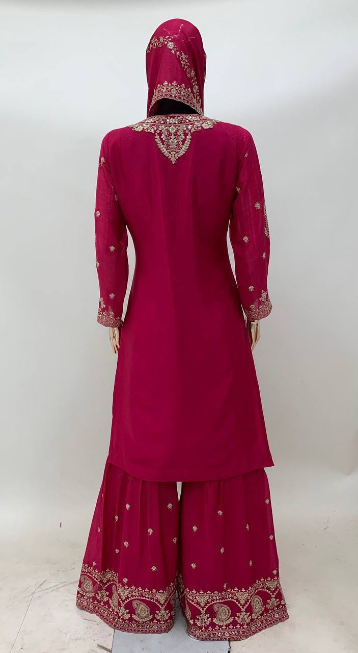 Suvesha EXQUISITE CHINON GARARA SUIT SET WITH HEAVY EMBROIDERY - HOT PINK