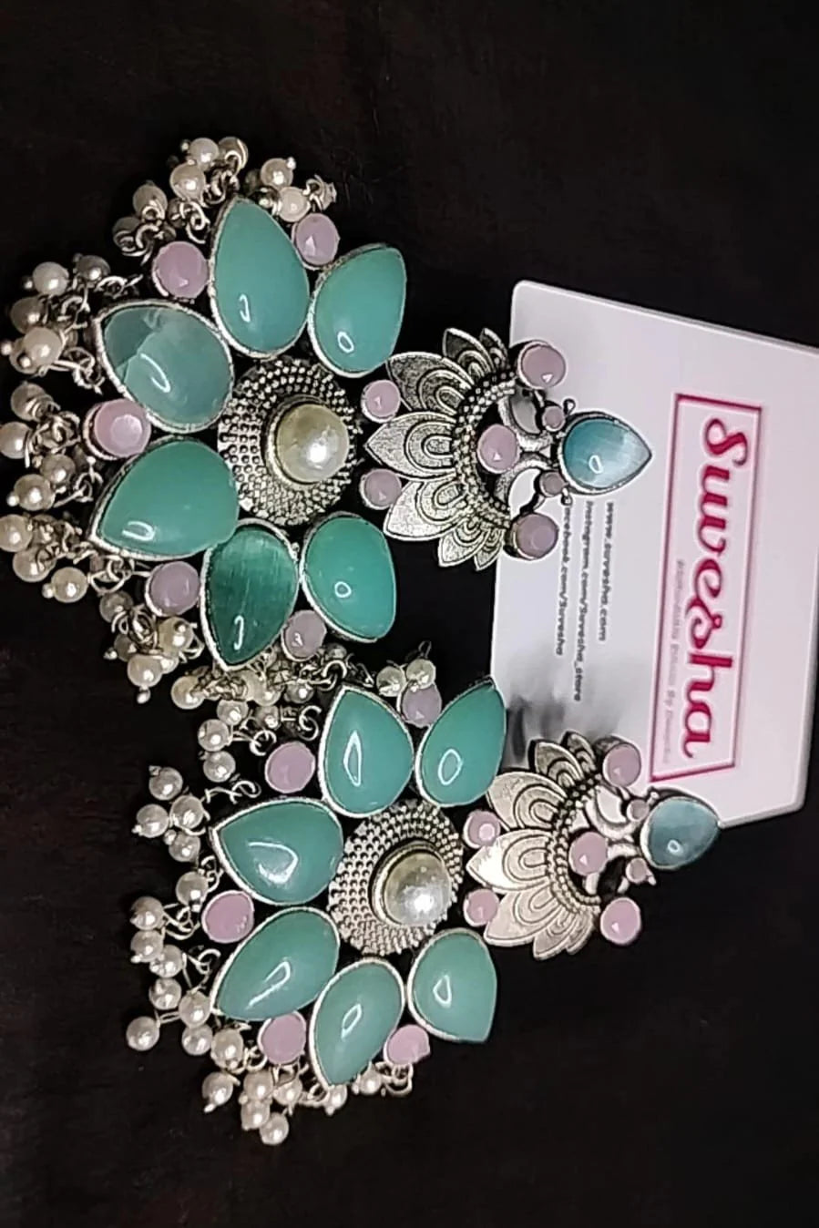 Suvesha Silver Replica Two Tone Monalisa Stone Earrings