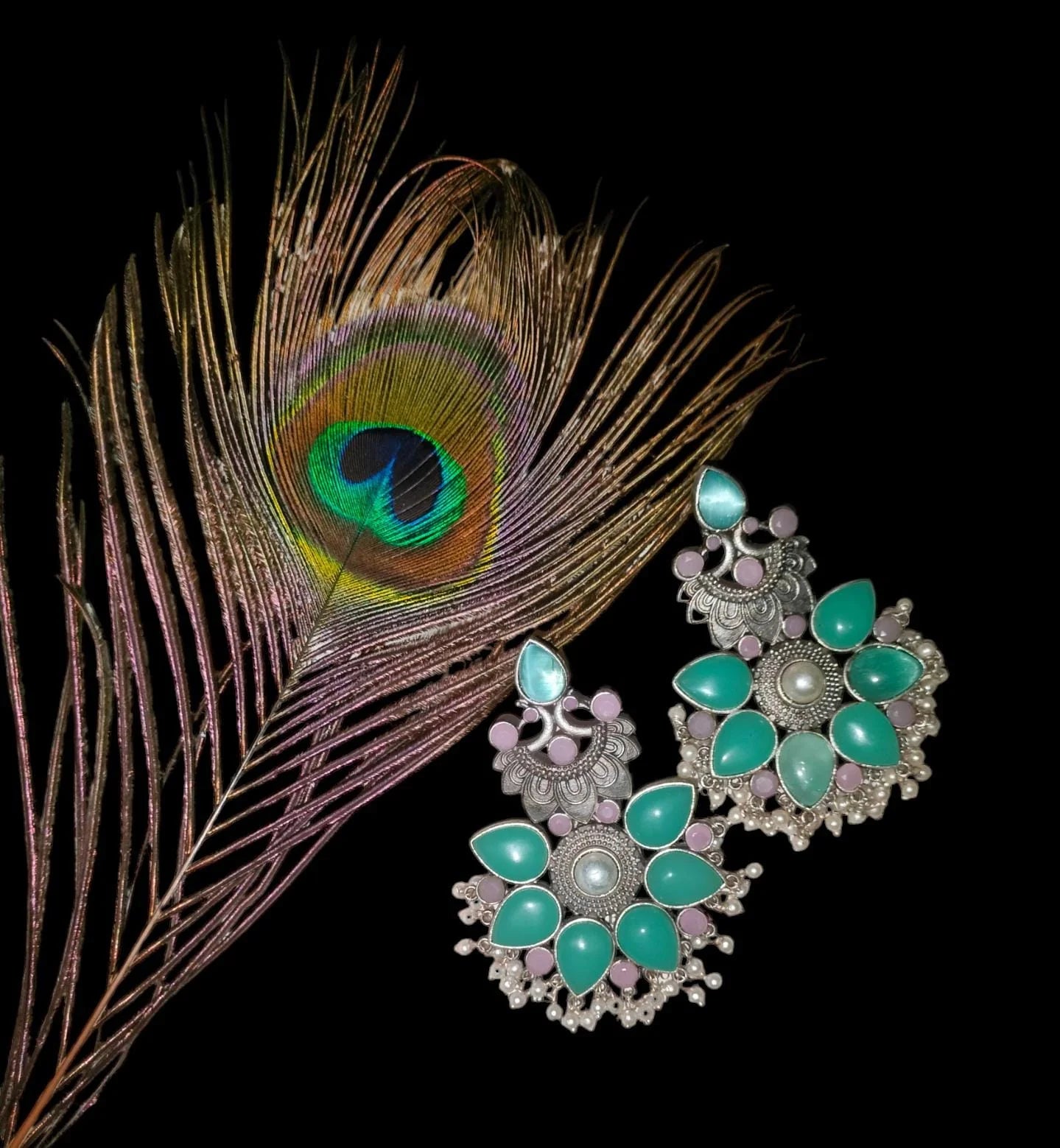 Suvesha Silver Replica Two Tone Monalisa Stone Earrings