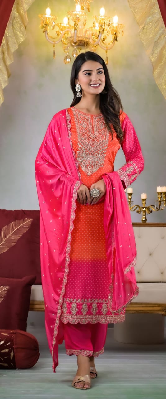 Suvesha Bandhani Print Heavy Embroidery Suit Set - Dual Shade