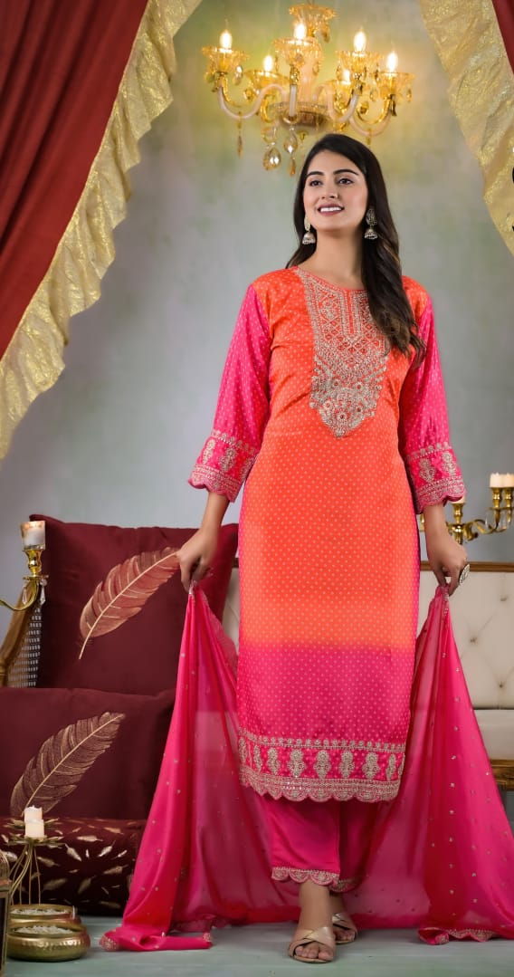 Suvesha Bandhani Print Heavy Embroidery Suit Set - Dual Shade