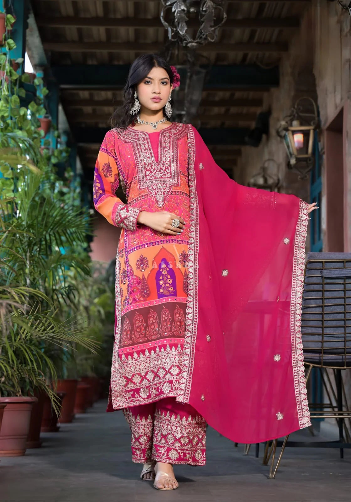 Suvehsa Pakistani Style Plazzo Suit With Dupatta - Multi Color